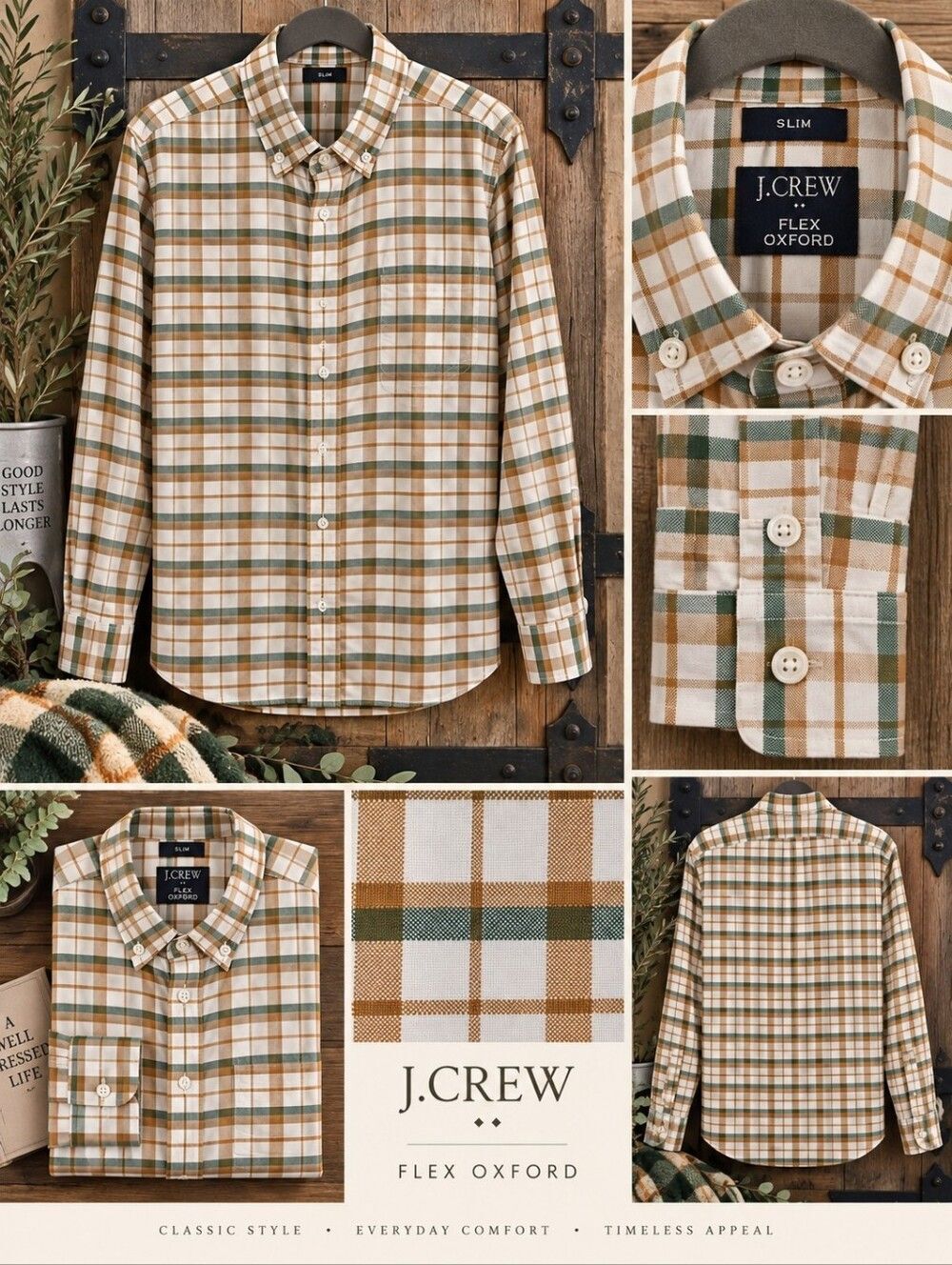 J. Crew Men's Shirt Button Down Oxford in Cream, Tan & Green - XXL Slim - Picture 4 of 5